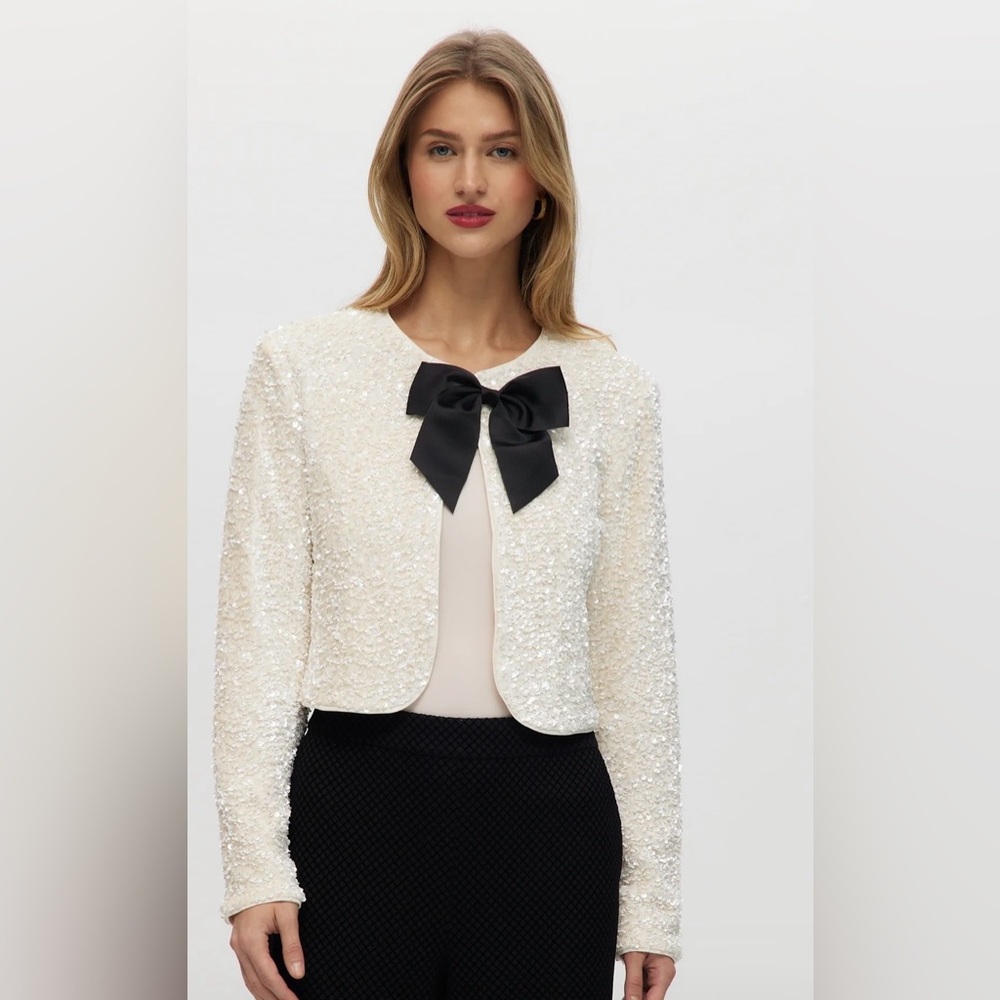 House of Harlow 1960 Ivory Chic Sequin Cropped Jacket with Black Bow Size XS